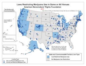 U.S. map showing laws restricting marijuana use in public venues as of October 1 2018