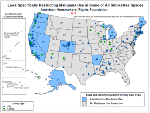 US map with dots showing sites with marijuana laws
