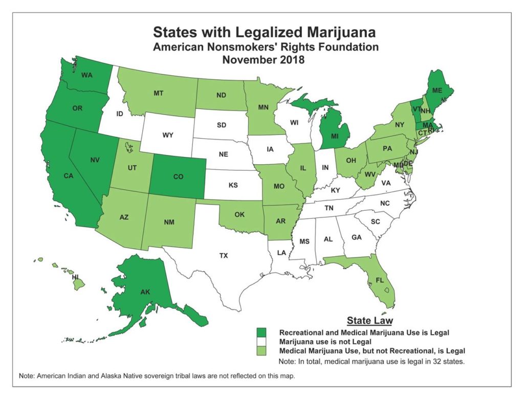 Map of states with Legalized Marijuana American Nonsmokers' Rights