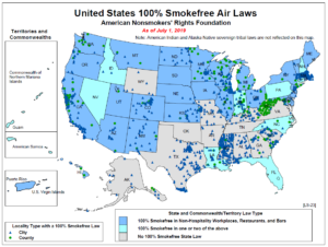 US map of smokefree laws as of July 2019
