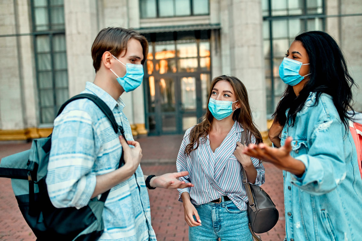 College students wearing medical masks