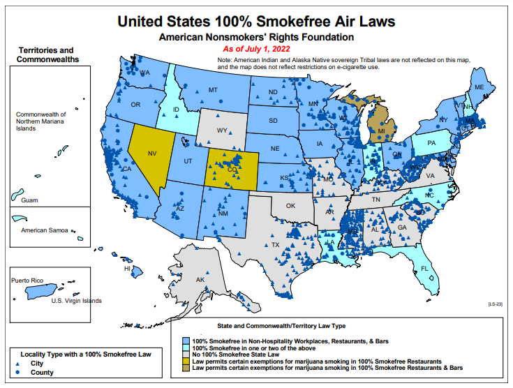 US map of smokefree air laws