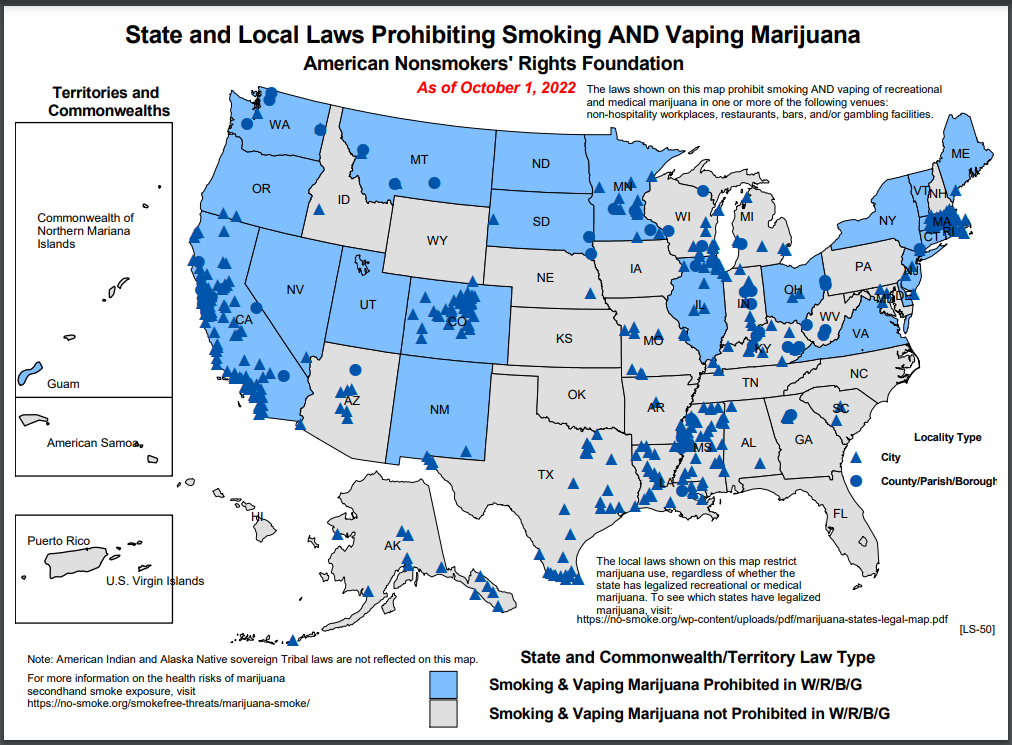 map of state and local smokefree and vape-free marijuana laws