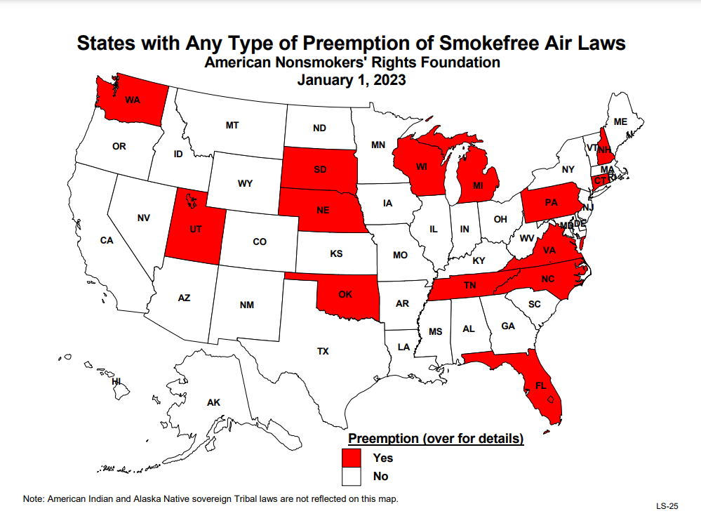 Map of states with any type of preemption of smokefree air laws